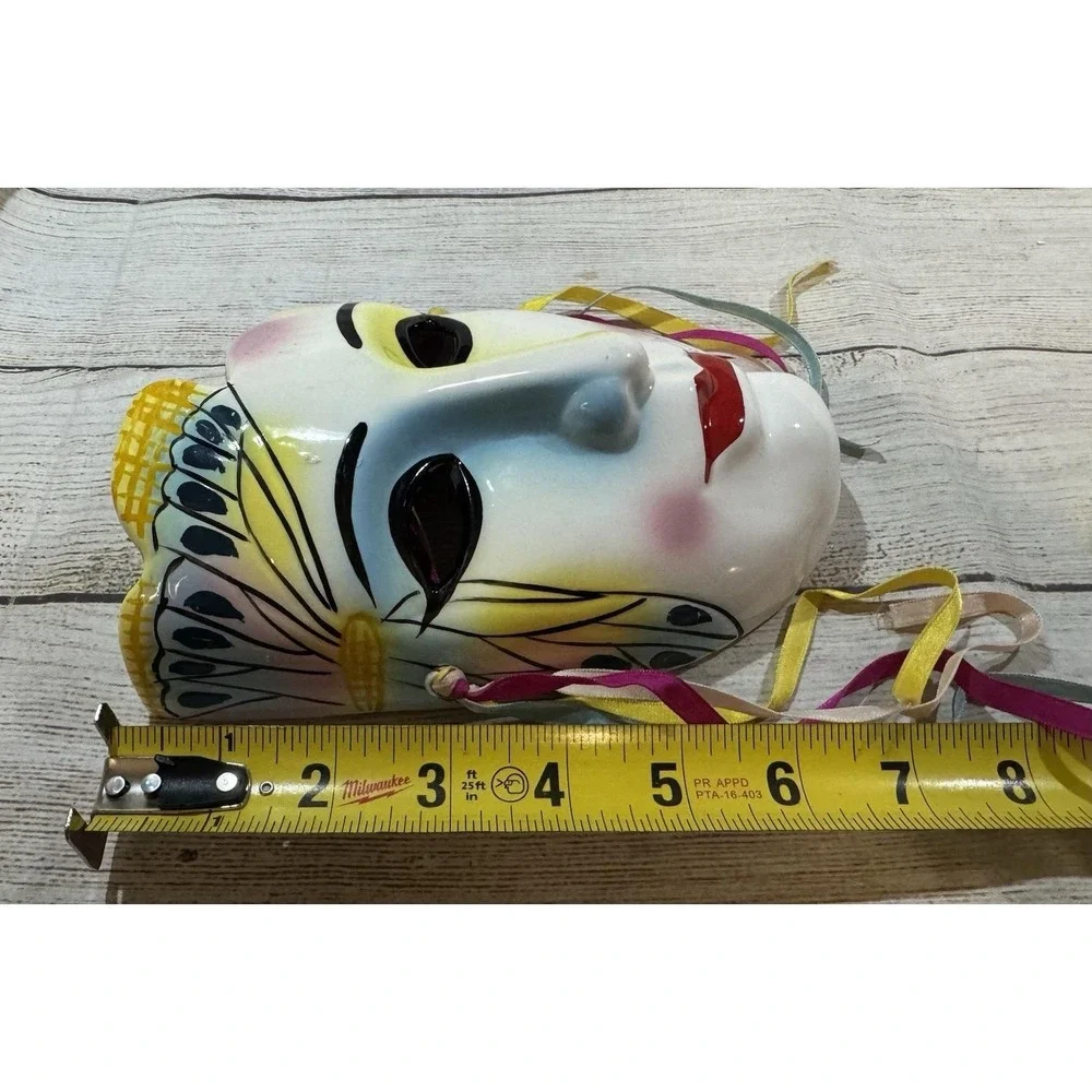 Vintage Hand Painted Ceramic Porcelain Wall Mask Butterfly Yellow Blue Pink Red